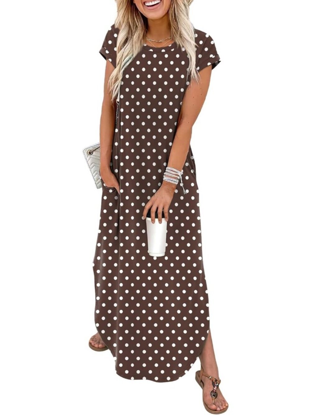 Womens Brown Polka Dots Cap Sleeve Crewneck Pockets Beach Casual Long Maxi Dress